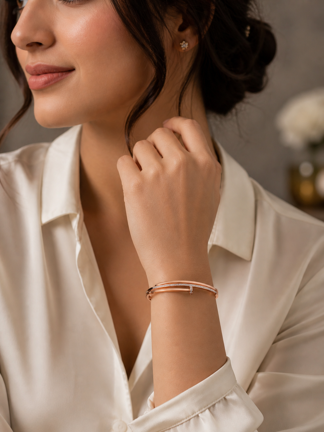 Prifine Luxe T-Bypass Crystal Bracelet featuring sparkling crystal accents and a sleek silver-tone design.