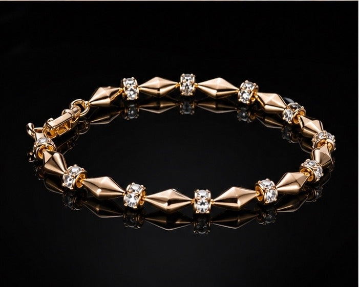 Prifine 18k gold-plated diamond-shaped station bracelet with elegant design, featuring shiny gold plating and geometric accents.
