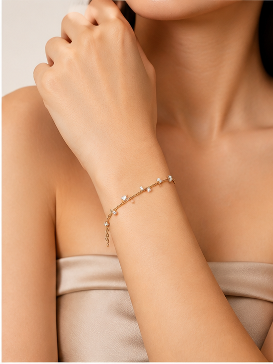 Prifine 18k gold-plated celestial station bracelet featuring star and moon charms on a delicate chain.