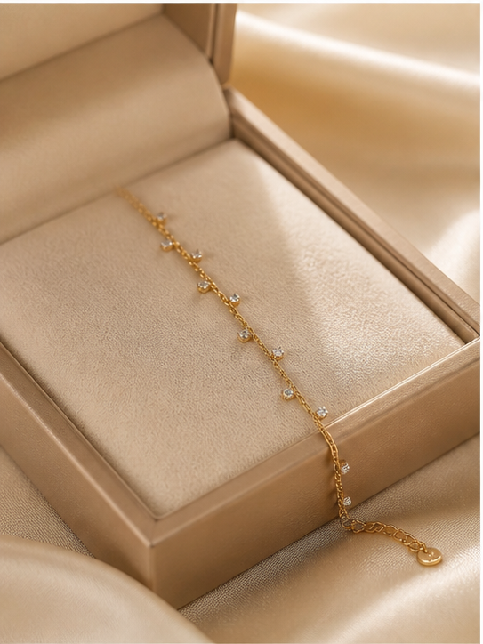 Prifine 18k gold-plated celestial station bracelet with star and moon charms, delicate jewelry for elegant style.