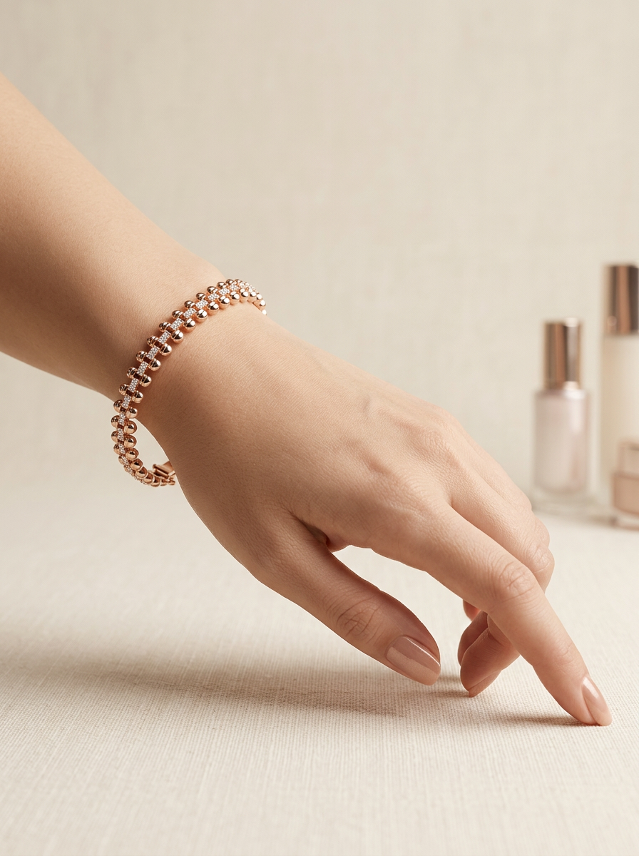 Prifine 18k gold-plated champagne eternity tennis bracelet with sparkling round-cut stones on a delicate chain.