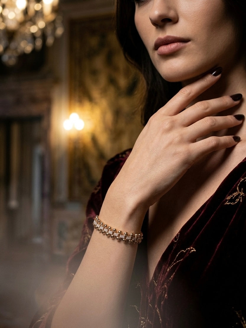 Prifine 18k gold-plated champagne eternity tennis bracelet with sparkling gemstone accents, designed for elegant wrist wear.