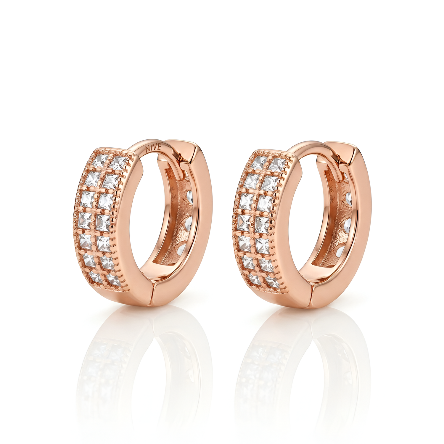 Prifine Aura princess-cut double row huggie earrings in rose gold, featuring sparkling gemstone details and a secure hoop design.