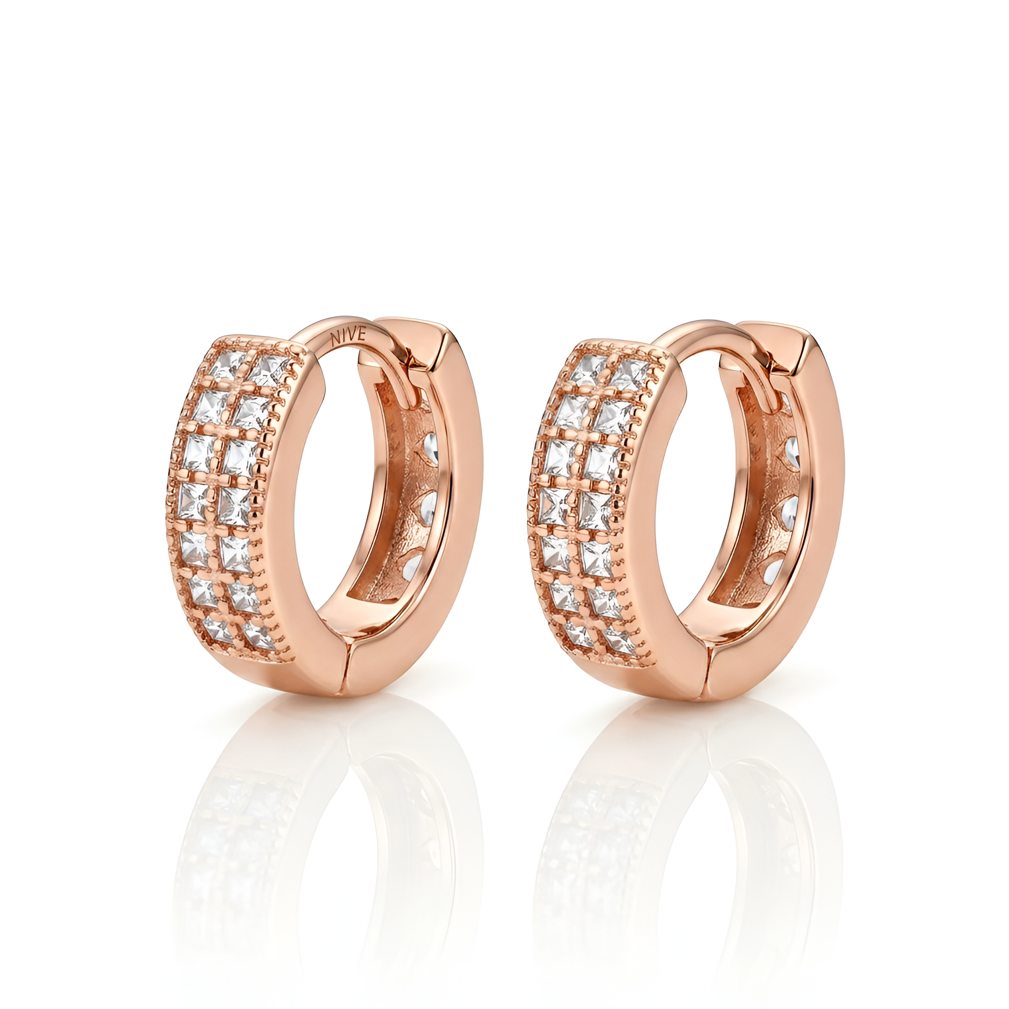 Prifine Aura princess-cut double row huggie earrings in rose gold, featuring sparkling gemstone details and a secure hoop design.
