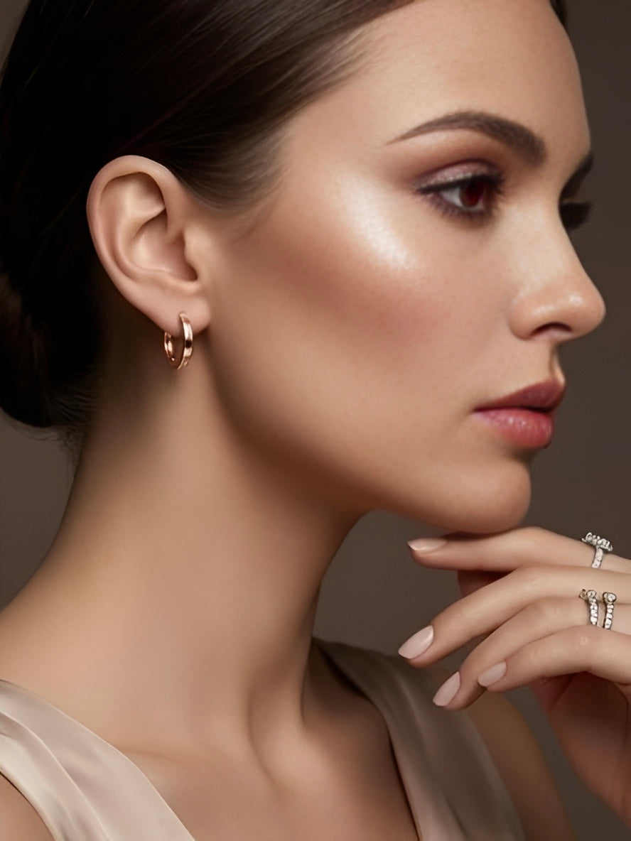 Prifine classic rose gold hoop earrings with smooth, rounded design, stylish jewelry for everyday wear