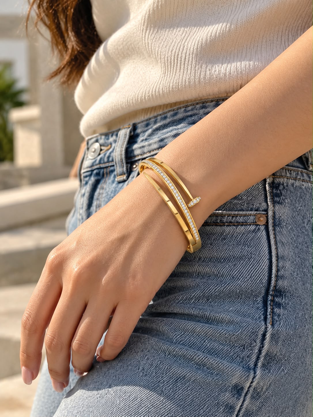 Waterproof 18K Gold Plated Nail Cuff Bracelet for Women
