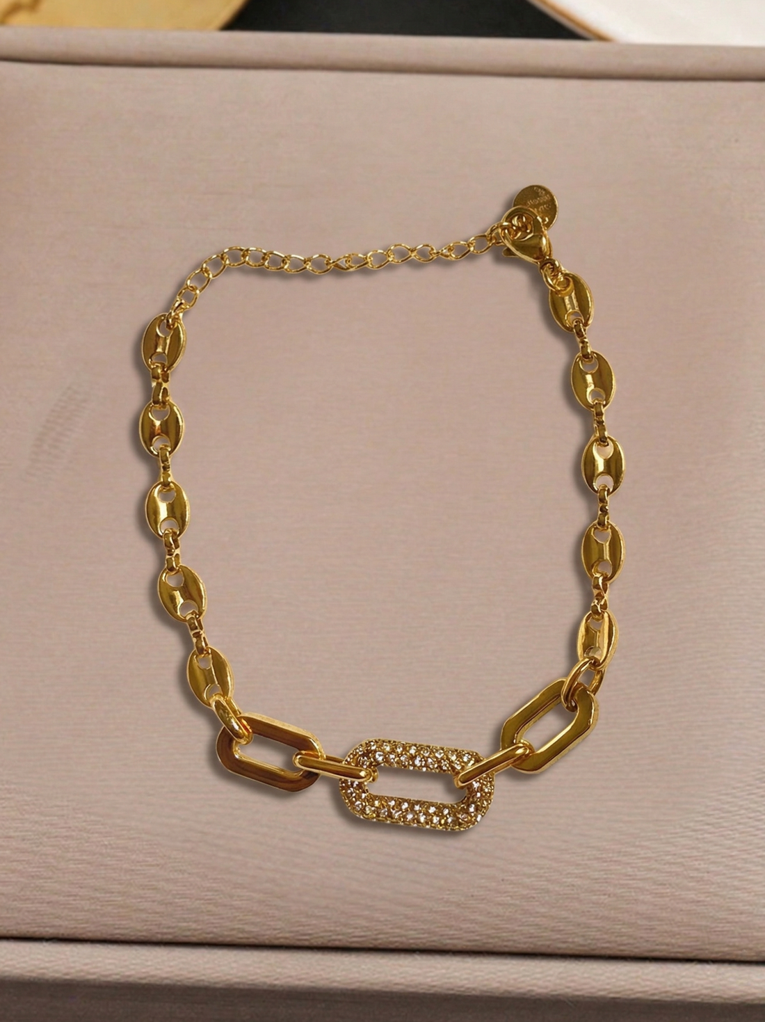 Prifine 18K gold plated oval link bracelet with crystal rectangle charm, featuring elegant jewelry design and shiny finish.