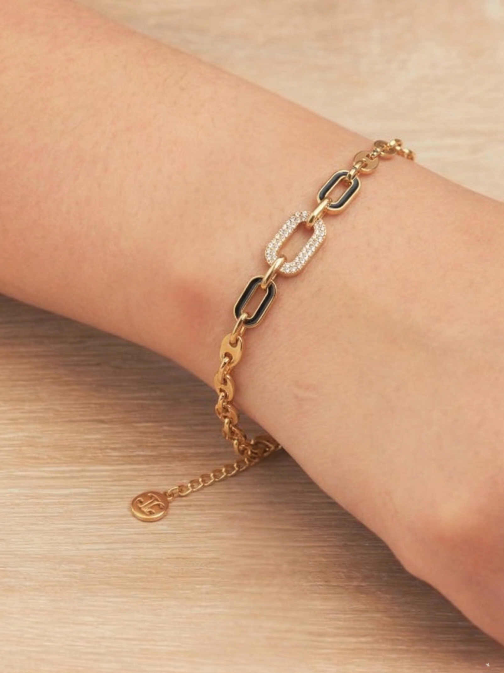 Prifine 18K gold plated oval link bracelet with crystal rectangle charm, showcasing elegant jewelry design and sparkling accents.