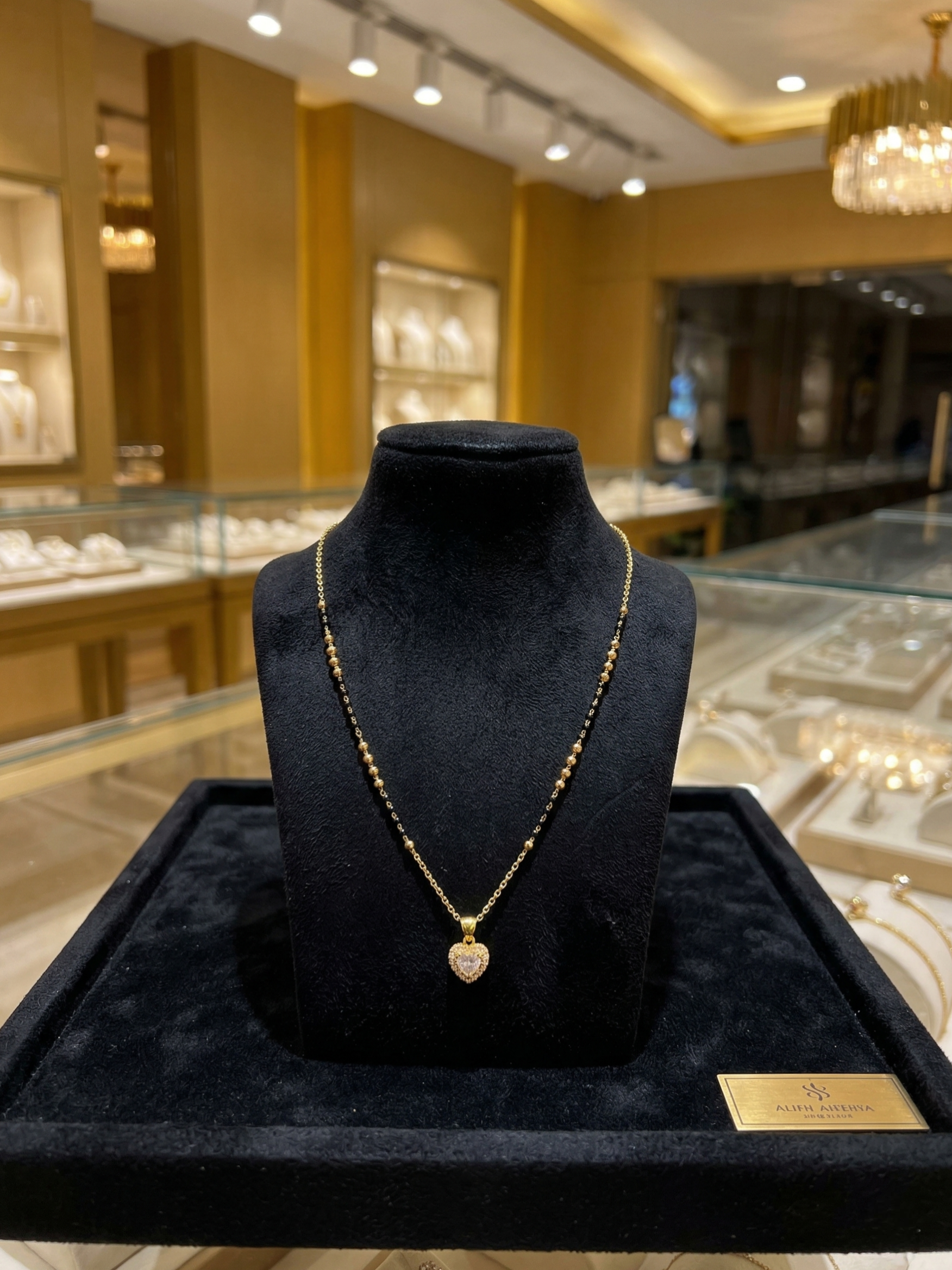 Prifine Luxe Senorita Mangalsutra with intricate gold and black bead designs, traditional Indian jewelry for special occasions.