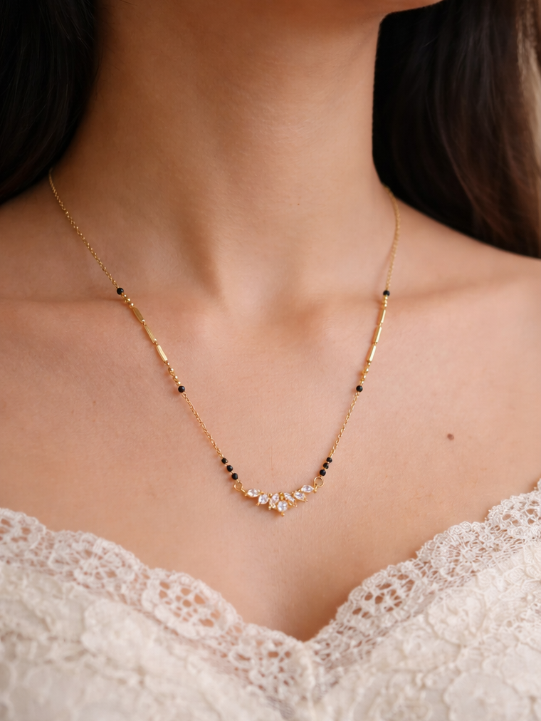 Prifine Saruchi Mangalsutra with gold chain and traditional pendant, showcasing intricate design and craftsmanship.