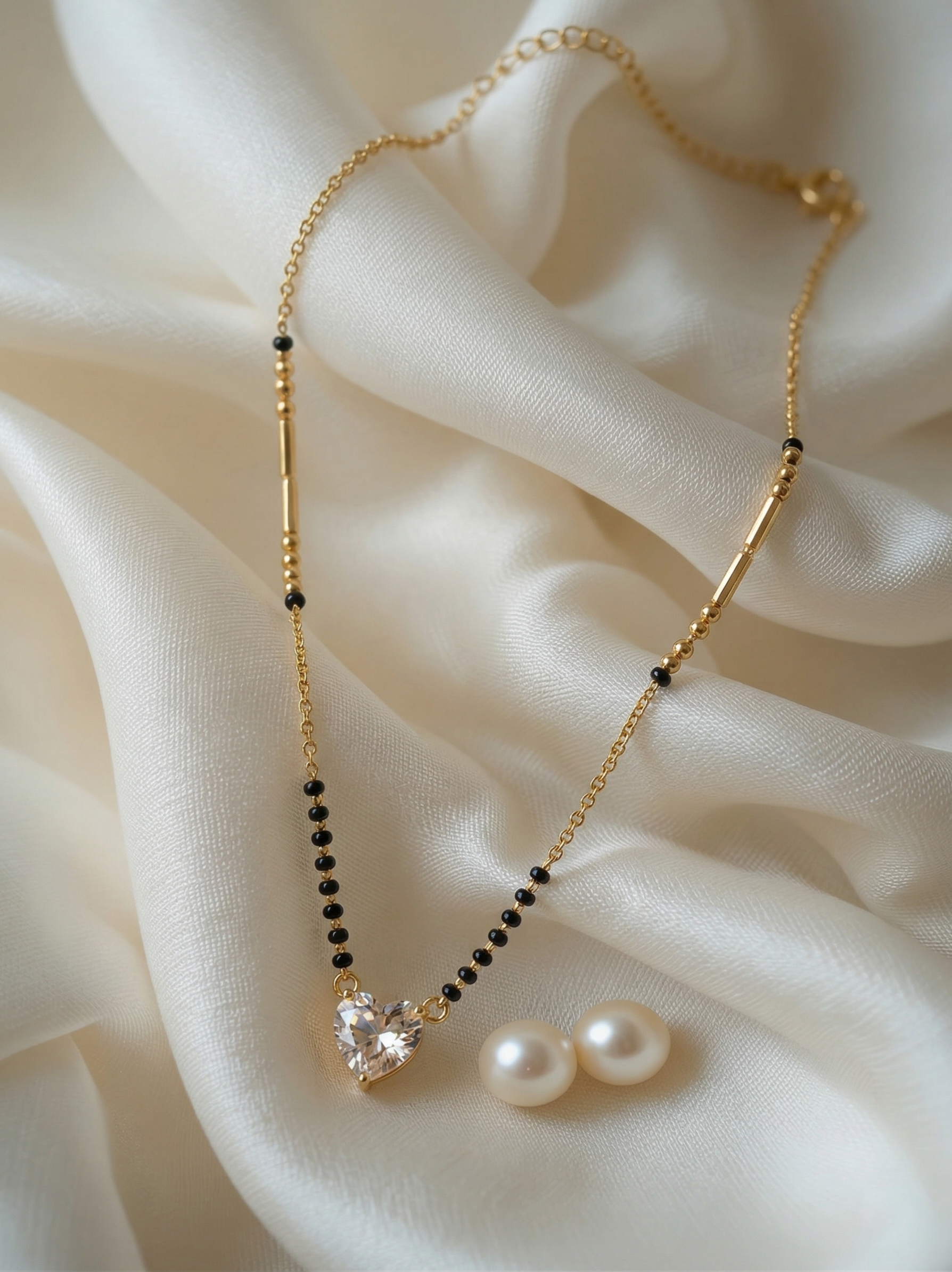 Prifine Shine Heart Mangalsutra featuring a delicate gold chain with a heart-shaped pendant, traditional Indian jewelry for auspicious occasions.