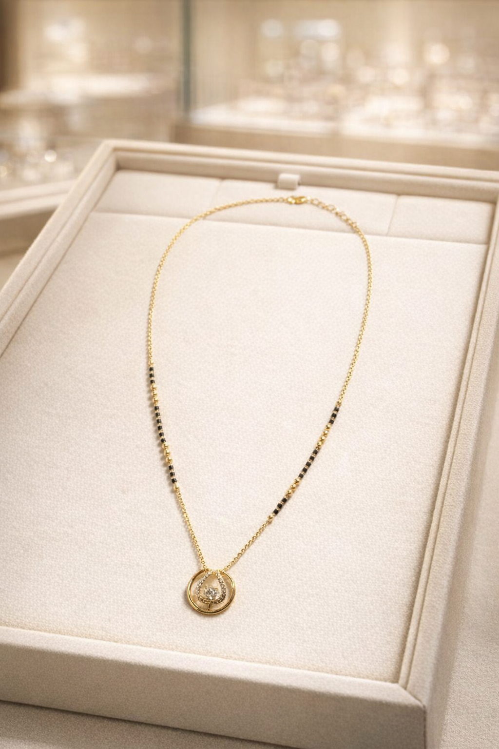 Golden Dew Mangalsutra by Prifine featuring black beads and gold pendant, traditional Indian jewelry for auspicious occasions.