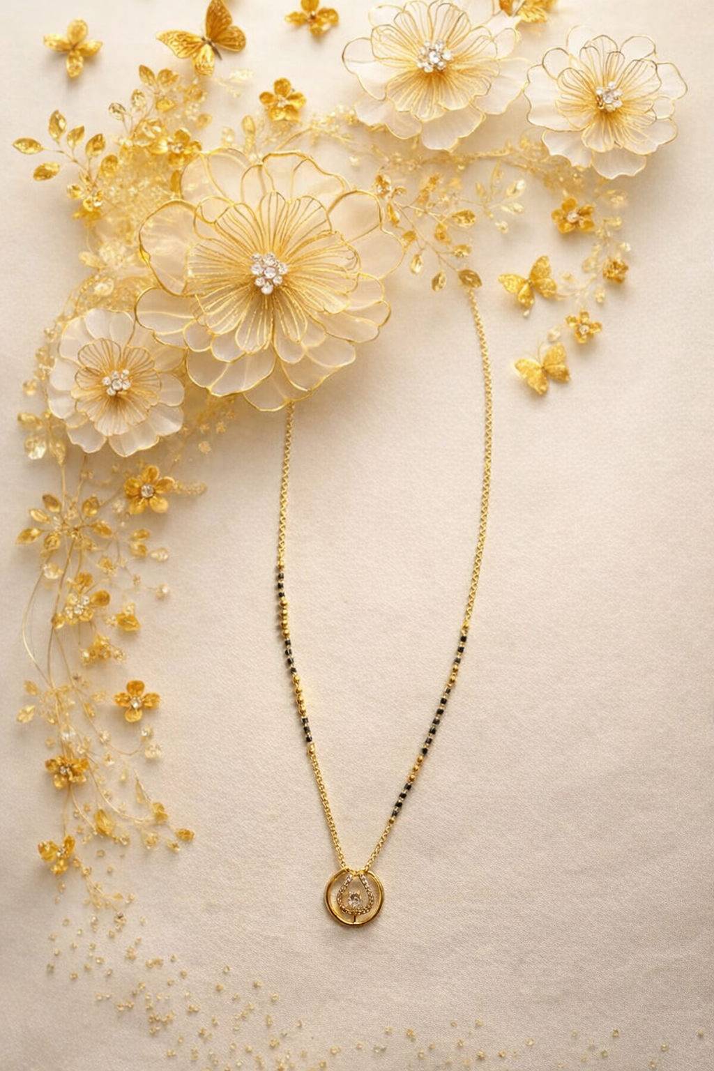 Golden Dew Mangalsutra by Prifine featuring a traditional black beaded chain with a gold pendant for auspicious wear.