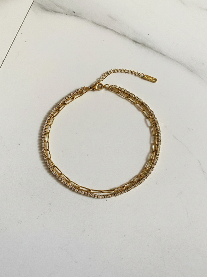 Prifine three-layered gold bracelet with delicate chain links and layered design, stylish jewelry accessory on white background