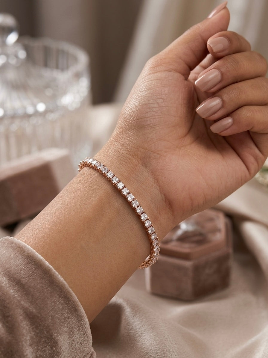 Prifine Gold Radiance Tennis Bracelet featuring sparkling gold links and elegant design on a white background.