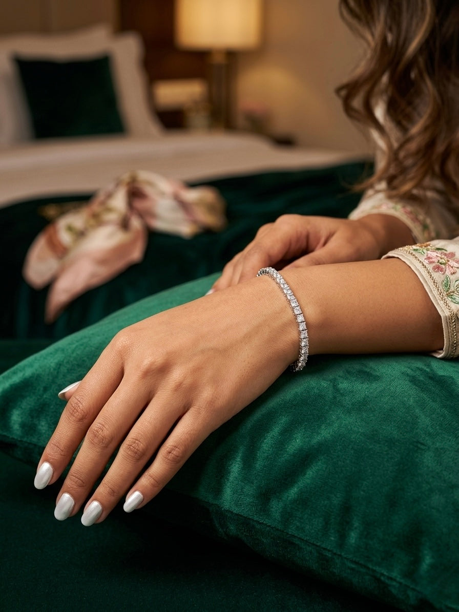 Prifine Square Diamond Luxe Spark Tennis Bracelet featuring sparkling square-cut diamonds on a sleek silver band.