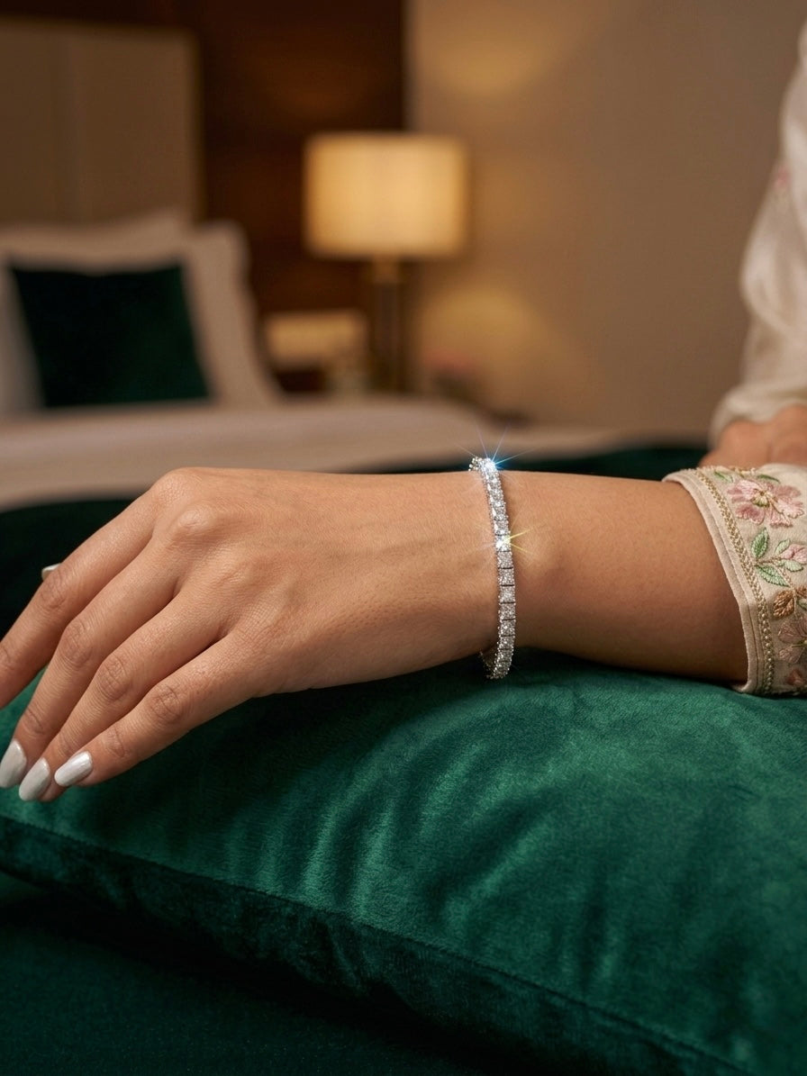 Prifine Square Diamond Luxe Spark Tennis Bracelet with sparkling diamonds and silver-tone metal, close-up view of the elegant jewelry piece.
