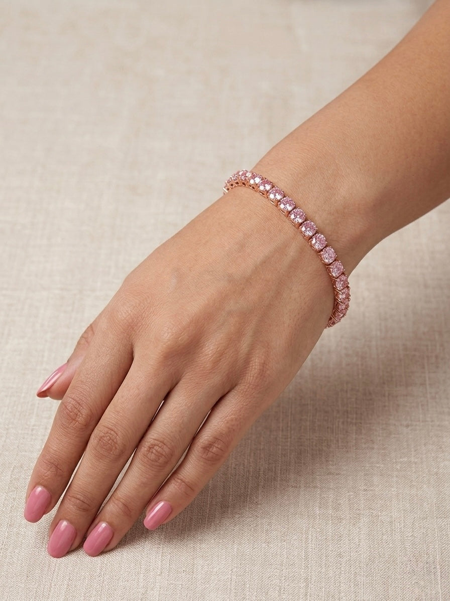 Prifine blush pink diamond spark tennis bracelet featuring sparkling diamonds and delicate design on a jewelry display