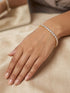 Prifine golden princess cut diamond tennis bracelet featuring sparkling diamonds on a delicate gold chain.