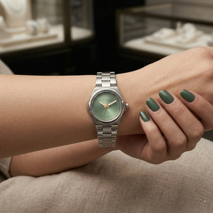 Prifine elegant silver watch with a green dial, showcasing a sleek design and silver strap on a white background.