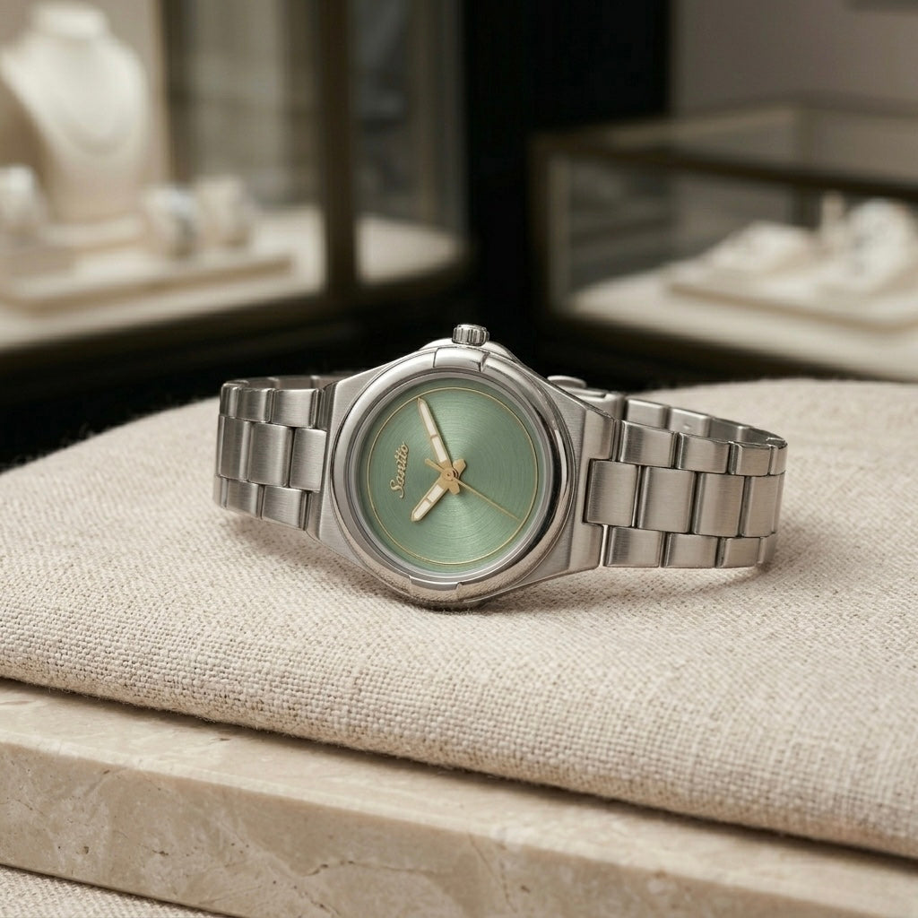 Prifine silver watch with a sleek green dial and stainless steel band, showcasing elegant design and precise timekeeping.