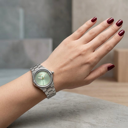 Prifine elegant silver watch with green dial, showcasing a sleek design and stainless steel strap.