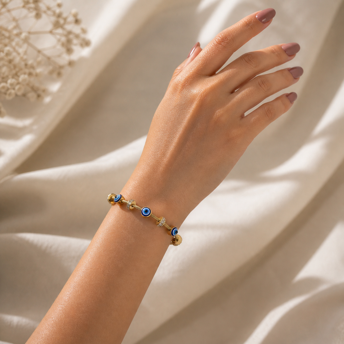 Prifine evil eye bracelet with blue and white beads, protective jewelry accessory on a delicate chain.