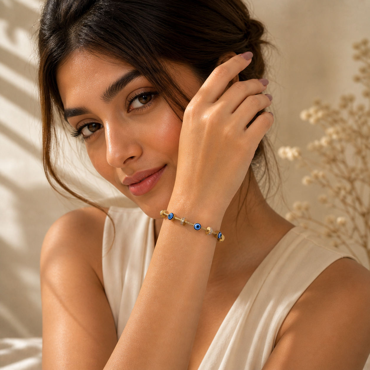 Prifine evil eye bracelet featuring a blue and white eye charm on a silver chain, designed for protection and style.