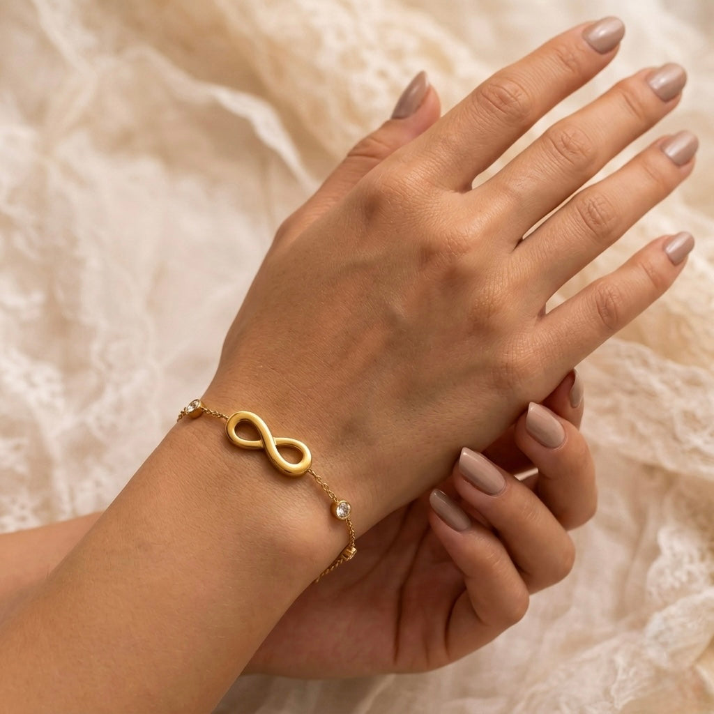 Prifine Infinity Wish Bracelet featuring a delicate silver infinity charm on a black cord, perfect for layered jewelry styling.