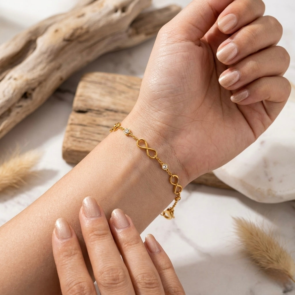 Prifine Infinity Multiwear Gold Bracelet featuring a sleek, adjustable design with an infinity symbol charm on a polished gold band.