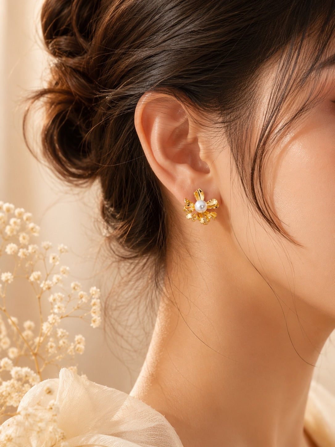 Golden Pearl Bloom Stud Earrings – 18K Gold Plated | Elegant Floral Pearl Earrings