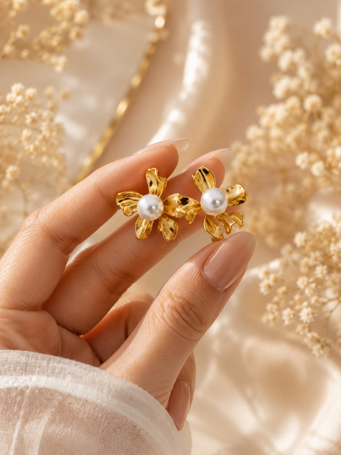 Golden Pearl Bloom Stud Earrings – 18K Gold Plated | Elegant Floral Pearl Earrings