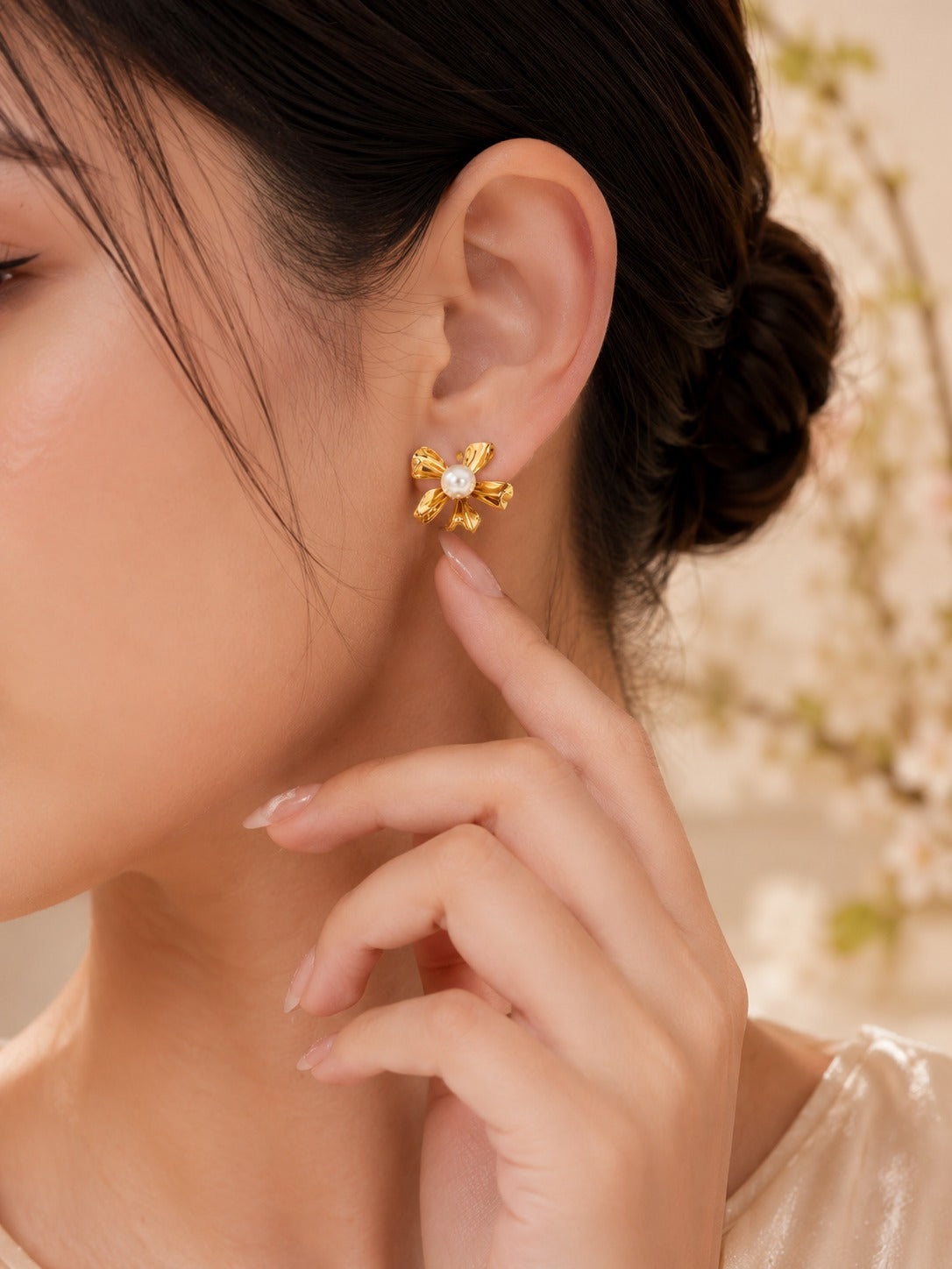 Golden Pearl Bloom Stud Earrings – 18K Gold Plated | Elegant Floral Pearl Earrings