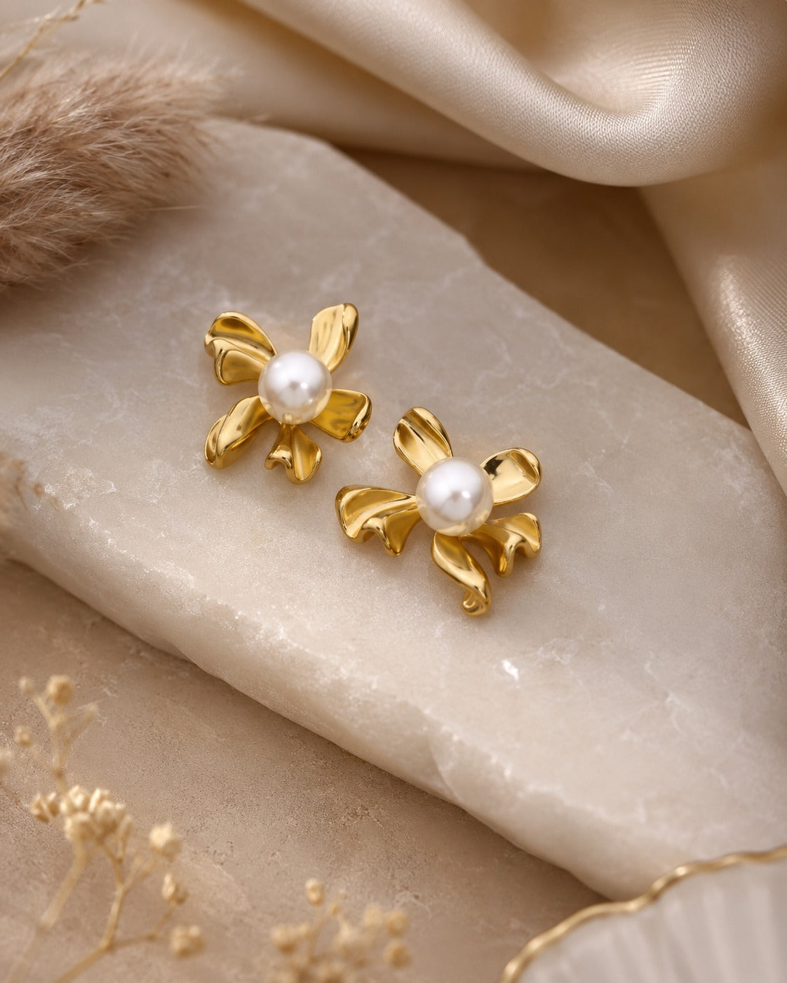 Golden Pearl Bloom Stud Earrings – 18K Gold Plated | Elegant Floral Pearl Earrings
