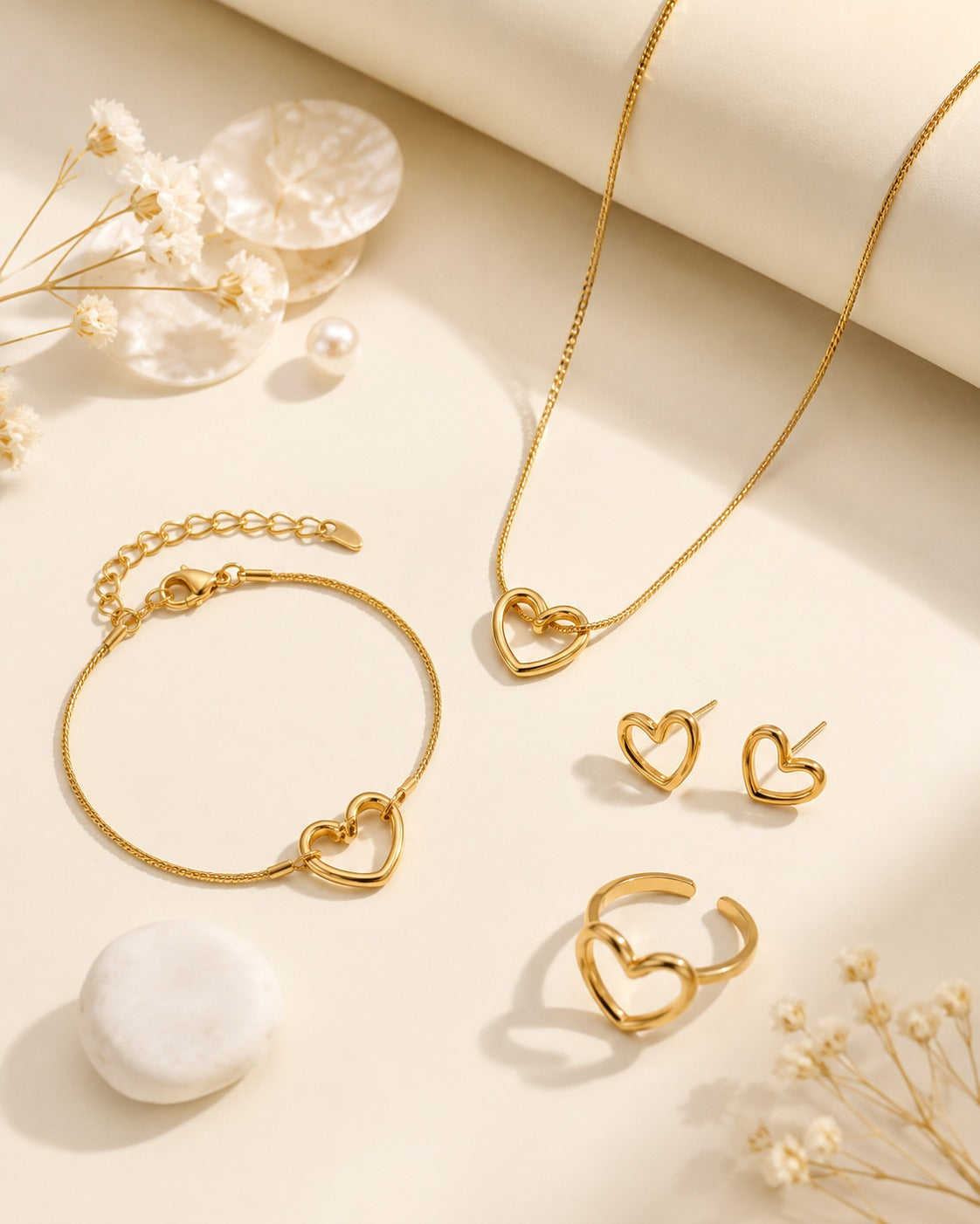 Elegant Gold Heart Jewelry Set – Necklace, Bracelet, Earrings &amp; Adjustable Ring