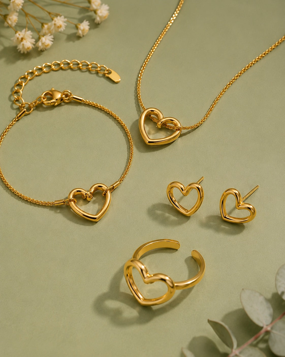 Elegant Gold Heart Jewelry Set – Necklace, Bracelet, Earrings &amp; Adjustable Ring