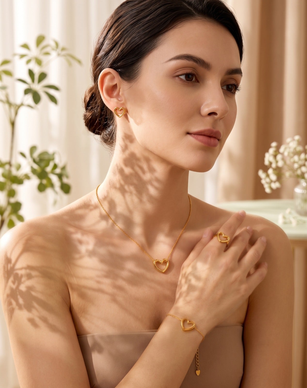 Elegant Gold Heart Jewelry Set – Necklace, Bracelet, Earrings &amp; Adjustable Ring